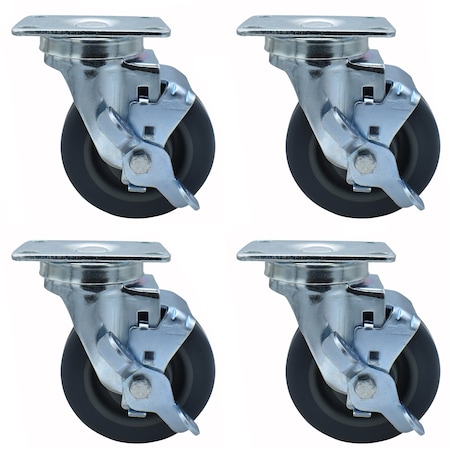 Bk Resources 4-inch Plate Casters, Gray Rubber Wheels, Top Lock Brake, 250lb Capacity, 4PK 4SBR-1PT-GR-PS4